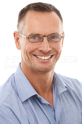 Buy stock photo Happy, confident and portrait of a handsome man isolated on a white background in a studio. Smile, glasses and face of a businessman with confidence, success and vision for a company on a backdrop