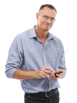 Buy stock photo Phone, portrait and business man in studio isolated on a white background for social media. Technology, smartphone and mature male entrepreneur with mobile cellphone for internet browsing or texting.