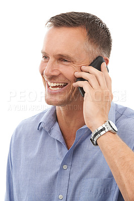 Buy stock photo Phone call, contact and communication with a mature man in studio isolated on a white background. Mobile, talking and conversation with a handsome male on blank space for networking or chatting