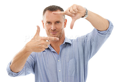 Buy stock photo Man, hands and portrait smile with frame for perfect picture isolated on a white studio background. Happy male framing face with fingers for photo moment, profile or  capturing facial expression