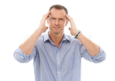 Buy stock photo Business man, face in portrait with headache, hands on temple with pain and health problem isolated on white background. Male employee has migraine in studio, corporate burnout and stress from job