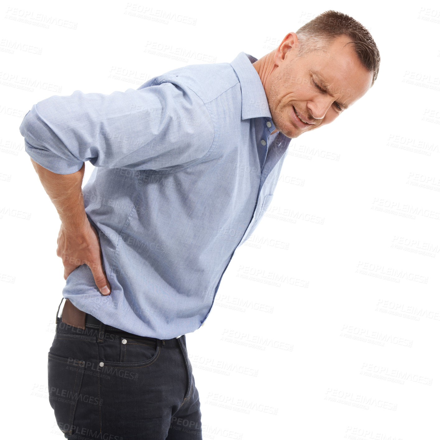 Buy stock photo Injury, business man and back pain in studio isolated on a white background. Burnout, fatigue stress and injured mature male entrepreneur with fibromyalgia, arthritis or painful spine after accident.