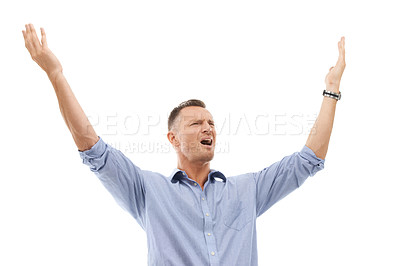 Buy stock photo Disappointed, frustrated and annoyed man throw arms in air feeling angry isolated against a studio white background. Surprise, fan and shock by bad result and screaming his opinion