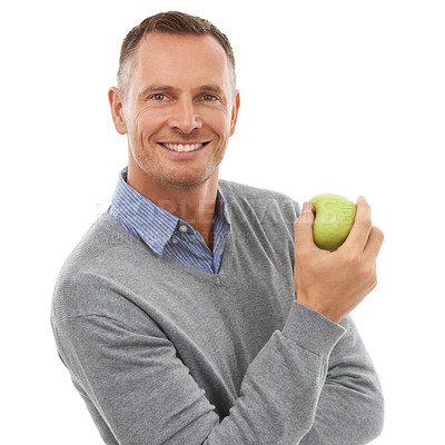 Buy stock photo Studio portrait, healthy diet and apple fruit for health, eating and wellness isolated on a white background. Model person with nutrition vegan food for benefits, smile motivation and clean eating