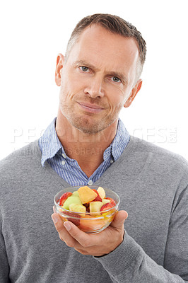 Buy stock photo Man with salad choice isolated on a white background for healthy diet, green lunch or nutritionist decision. Professional person or model thinking of vegan lifestyle fruits, food and face in studio