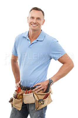 Buy stock photo Construction worker, tools bag and portrait of handyman smile in engineering, maintenance and building. Manual labor, repair service and contractor, builder and engineer with gear on white background