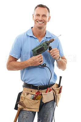 Buy stock photo Measuring tape, construction worker and man with tools for engineering, maintenance and building. Manual labor, repair service and contractor, builder and handyman with gear belt on white background