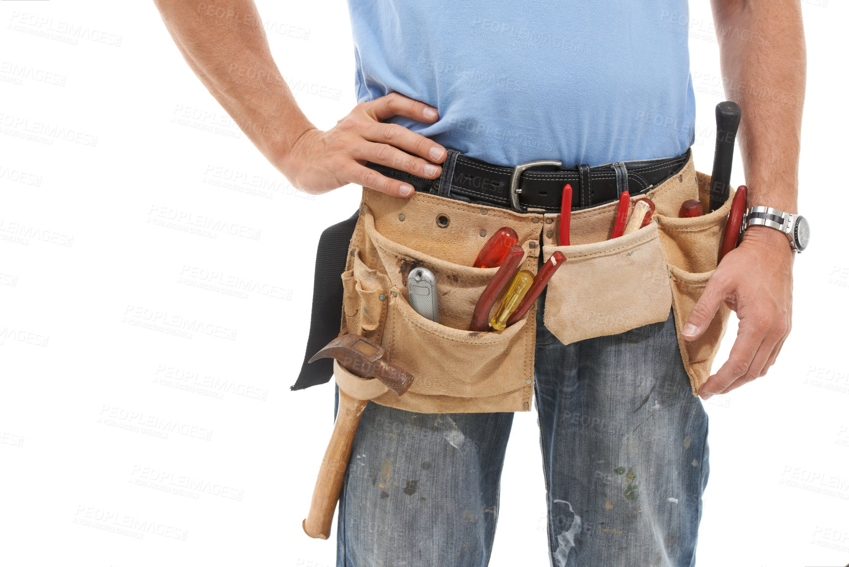 Buy stock photo Construction worker, tools bag and man on a white background for engineering, maintenance and building. Manual labor, repair service and zoom of contractor, builder and handyman with gear in studio