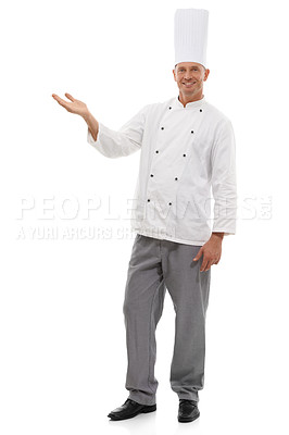 Buy stock photo Chef, full body portrait and man mockup, product placement and confident smile isolated on white background. Happy executive cook in uniform, menu presentation and small business discount in studio.