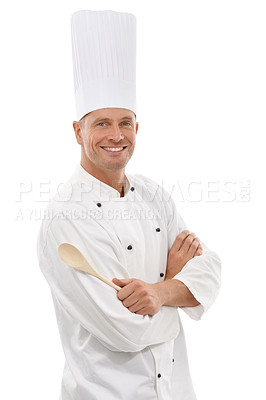 Buy stock photo Portrait of French chef, spoon and smile with confidence, cafe owner isolated on white background. Happy executive cook, cooking for restaurant discount deal and menu special or promotion in studio.