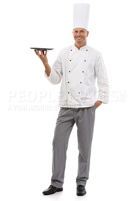 Buy stock photo Portrait of chef holding empty tray, menu special and smile presenting promo deal or restaurant product placement. Happy full body cook man in uniform, mock up isolated on white background in studio.