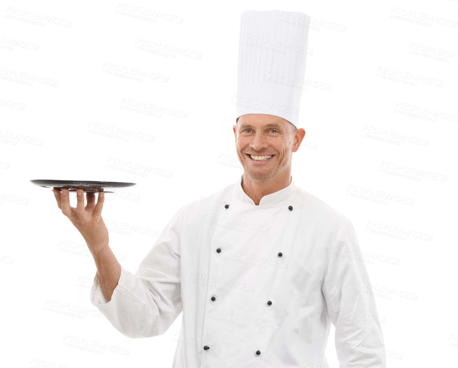 Buy stock photo Chef holding tray, confident portrait and smile presenting promo or restaurant product placement isolated on white background Happy executive cook man in uniform, mock up and menu launch in studio.