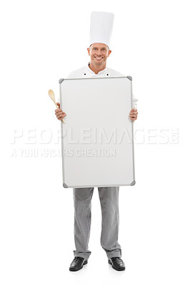 Buy stock photo Chef, man and whiteboard isolated on a white background of empty menu, mockup space and culinary services. Professional cooking or bakery person and board mock up for startup ideas in studio portrait