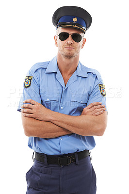 Buy stock photo Portrait, police and officer with a man in uniform, standing arms crossed in studio isoltaed on a white background. Law, security and trust with a male policeman in sunglasses on blank space