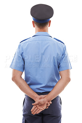 Buy stock photo Law, police and rear view of man in studio for crime, protection and safety against white background. Security, authority and back of male official ready for crime, justice and protection isolated