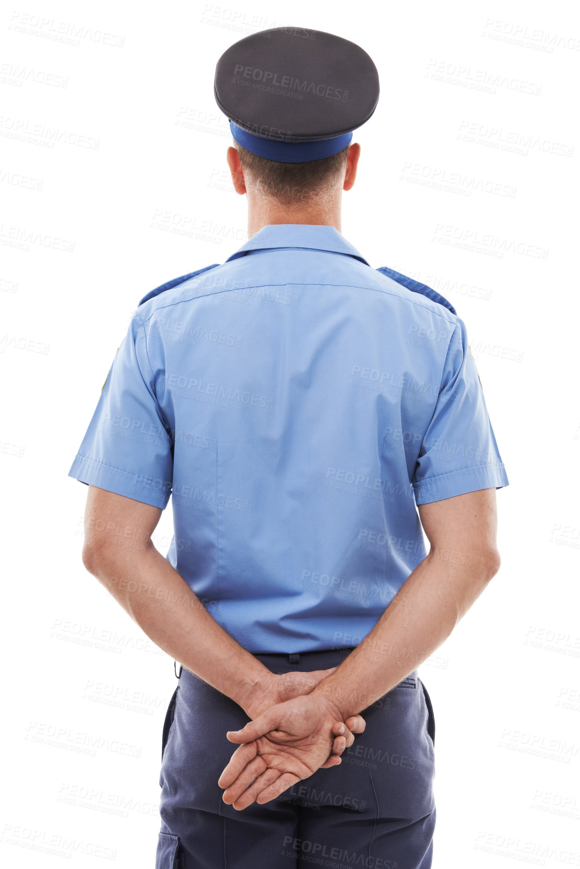 Buy stock photo Law, police and rear view of man in studio for crime, protection and safety against white background. Security, authority and back of male official ready for crime, justice and protection isolated