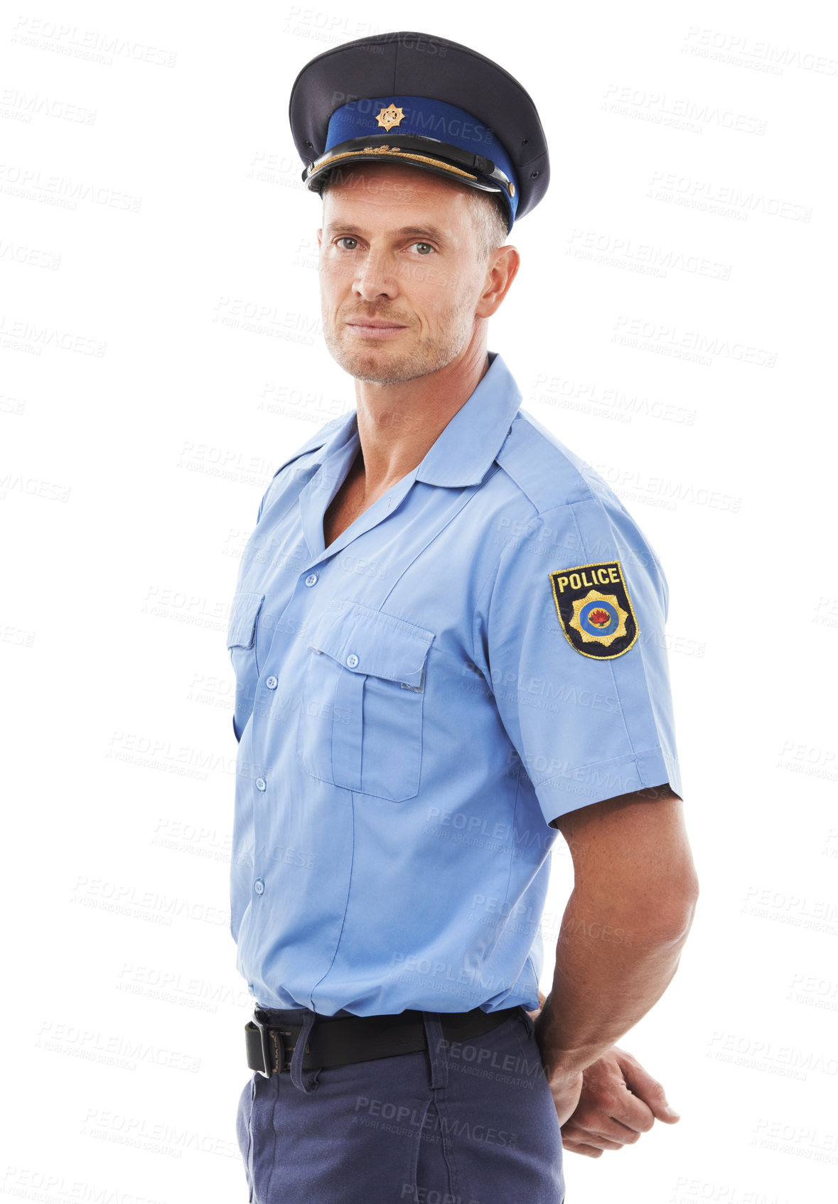 Buy stock photo Safety, security and portrait of police on a white background for authority, leadership and public service. Law enforcement, justice and isolated legal guard, policeman and cop in uniform in studio