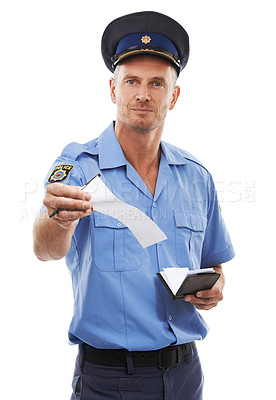Buy stock photo Law, portrait and police officer with a ticket for a crime isolated on a white background in a studio. Security, guard and man working in safety with a citation for a traffic offense on a backdrop
