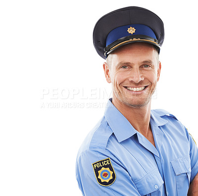 Buy stock photo Police officer, portrait and man isolated on a white background for career or leadership in studio mockup. Security, law and compliance professional person or attractive model face in legal uniform