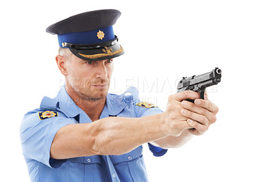 Buy stock photo Man, police officer and pointing gun standing ready to fire or shoot isolated on a white studio background. Male security guard or detective holding firearm to uphold the law, stop crime or violence