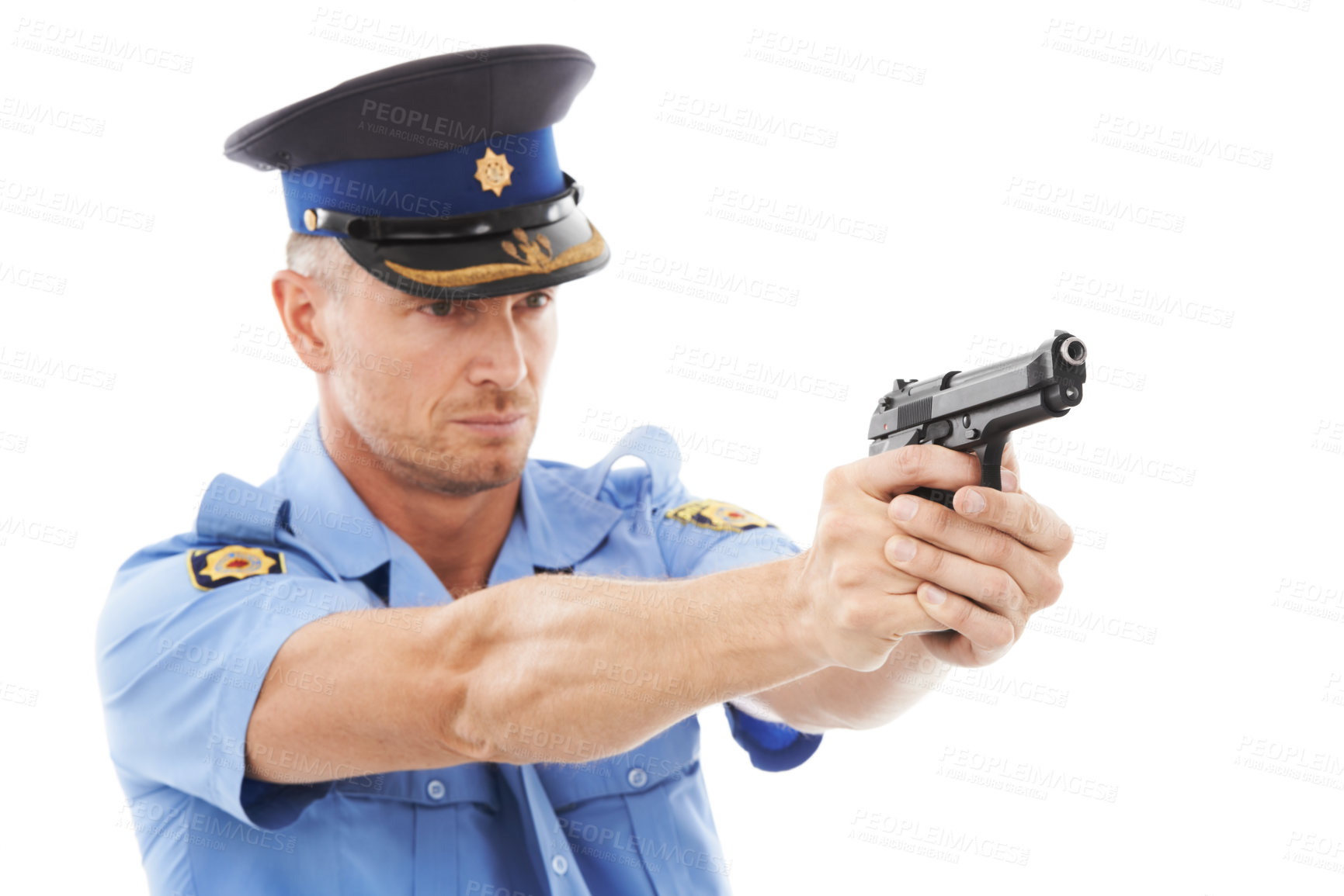 Buy stock photo Man, police officer and pointing gun standing ready to fire or shoot isolated on a white studio background. Male security guard or detective holding firearm to uphold the law, stop crime or violence