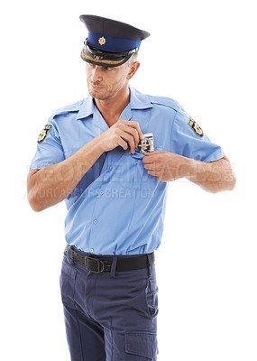 Buy stock photo Police man, cash bribe and corruption, sneaky face and illegal activity, break rules and dollar bills isolated on white background. Fraud, crime and money laundering, law enforcement steal in studio