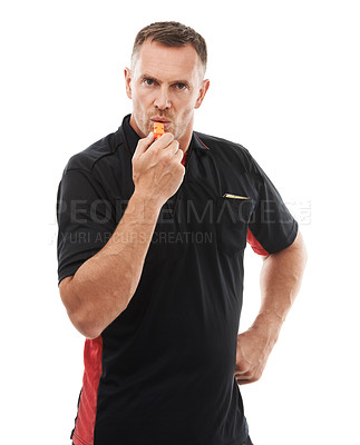 Buy stock photo Portrait, referee and man blowing whistle, stern or gesture in studio warning, sign or penalty on white background. Sports, face and coach with rules, compliance and caution while training isolated 