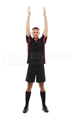 Buy stock photo Referee, man whistle in portrait and arms raised, stop game with soccer and sport isolated on white background. Serious, assertive and fitness with mockup, football match and hand signal in studio