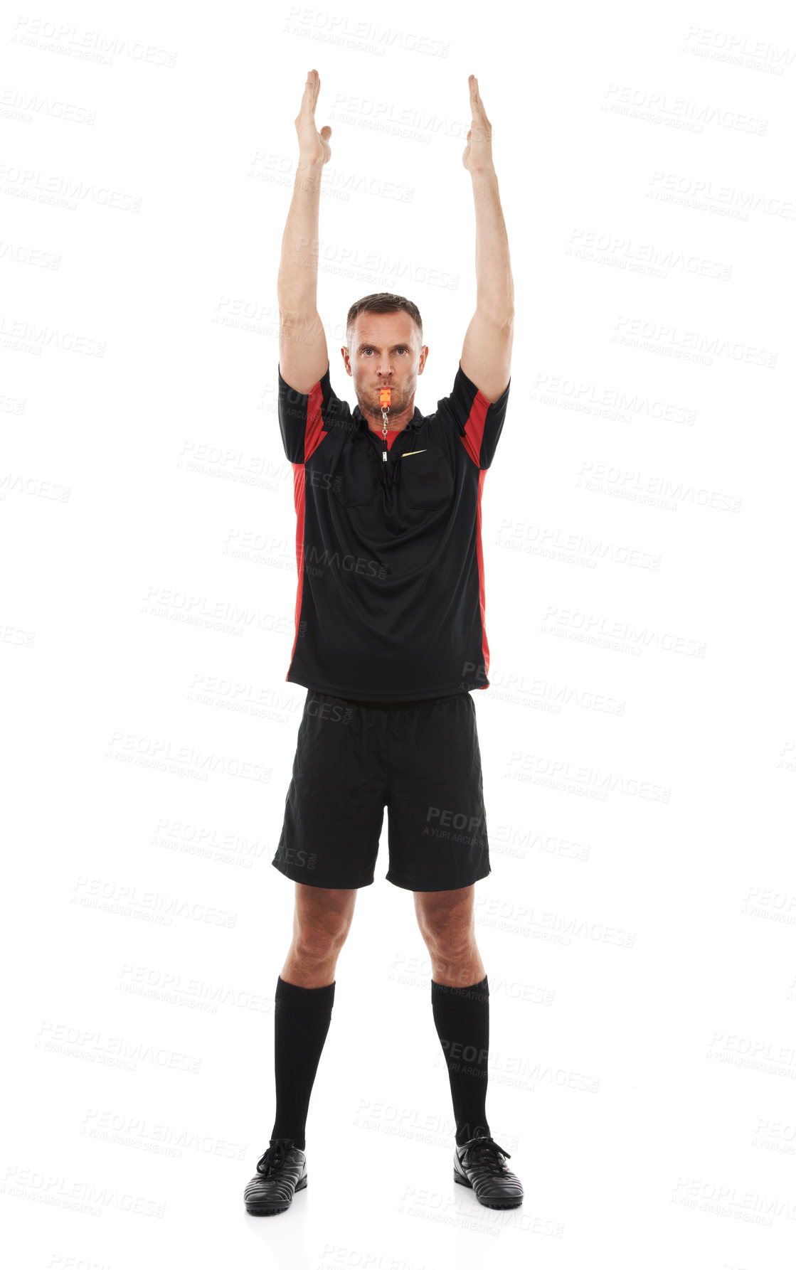 Buy stock photo Referee, man whistle in portrait and arms raised, stop game with soccer and sport isolated on white background. Serious, assertive and fitness with mockup, football match and hand signal in studio