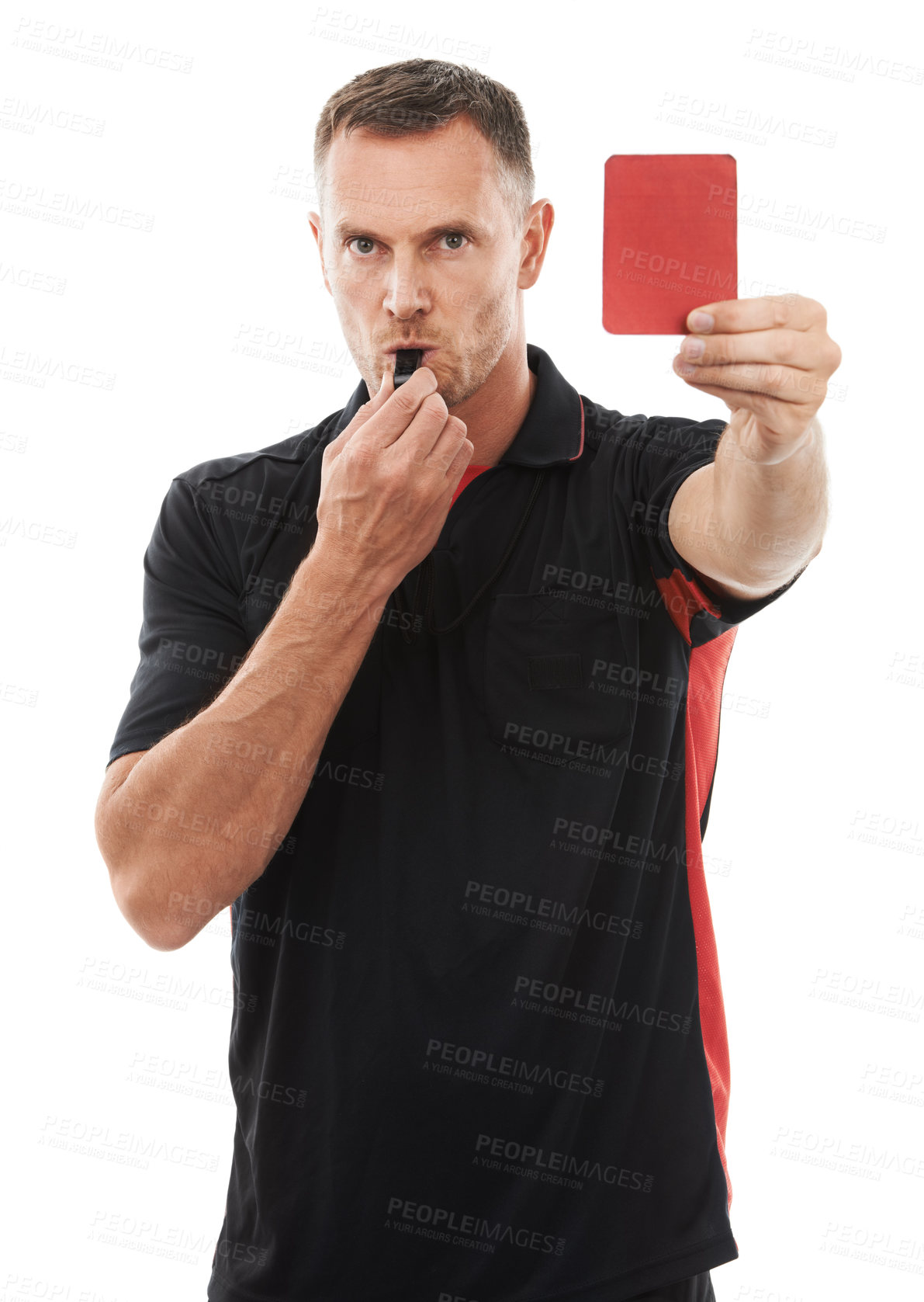 Buy stock photo Red card, whistle and referee portrait with hand warning for soccer rules, penalty or fail in studio. Fitness coach man sign for mistake or caution for competition game isolated on a white background
