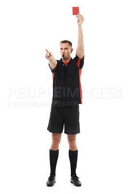 Buy stock photo Referee man, whistle and red card hand warning while pointing for soccer rules, penalty or fail. Football man or coach sign for mistake or caution for competition game isolated on a white background