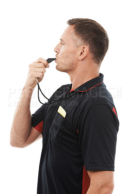 Buy stock photo Referee man, whistle and face profile with soccer foul and warning in match or game isolated on white background. Sports, fitness and compliance, rules and male in studio with football penalty 