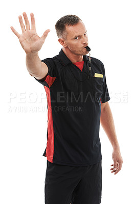Buy stock photo Stop, hand and portrait of man referee blowing whistle for studio warning, penalty or gesture on white background. Sports, coach and palm sign for wrong, pause or emoji, rules or compliance caution