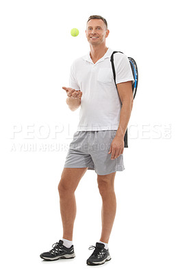 Buy stock photo Portrait, tennis sports and man in studio isolated on a white background for exercise. Training, athlete and mature male with ball and racket ready to start workout for health, fitness and wellness.
