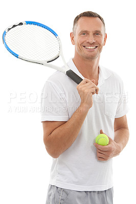 Buy stock photo Portrait, tennis sports and man in studio isolated on a white background for exercise. Training, badminton and happy mature male with racket and ball ready to start workout or exercising for wellness