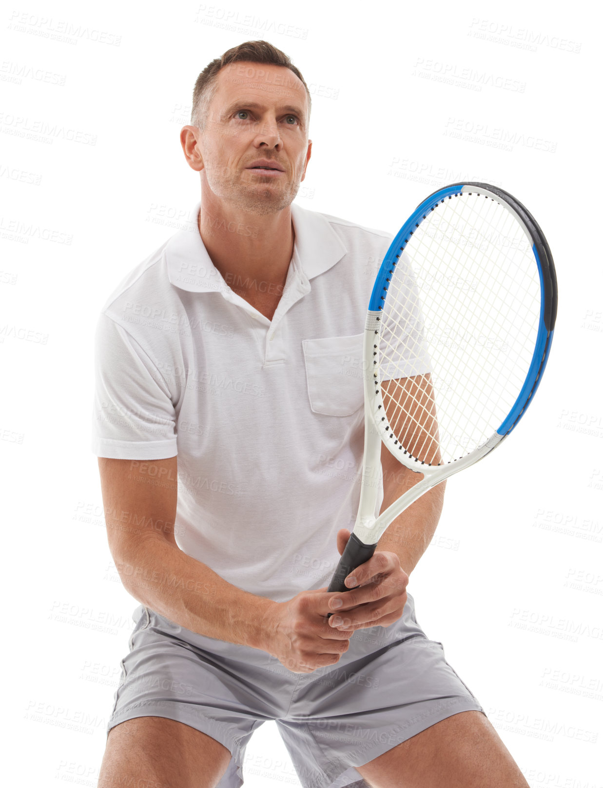 Buy stock photo Tennis, sports fitness and man in studio isolated on a white background for exercise. Training, thinking and mature male holding racket ready to start workout for game practice, health and wellness