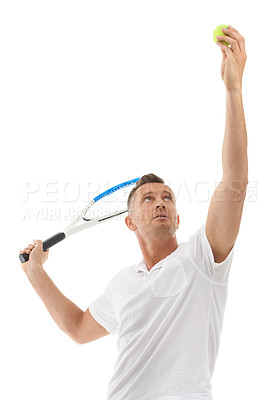 Buy stock photo Sports fitness, tennis and man in studio isolated on white background for exercise. Training, athlete or mature male holding racket ready to hit ball for workout, game or practice, health or wellness