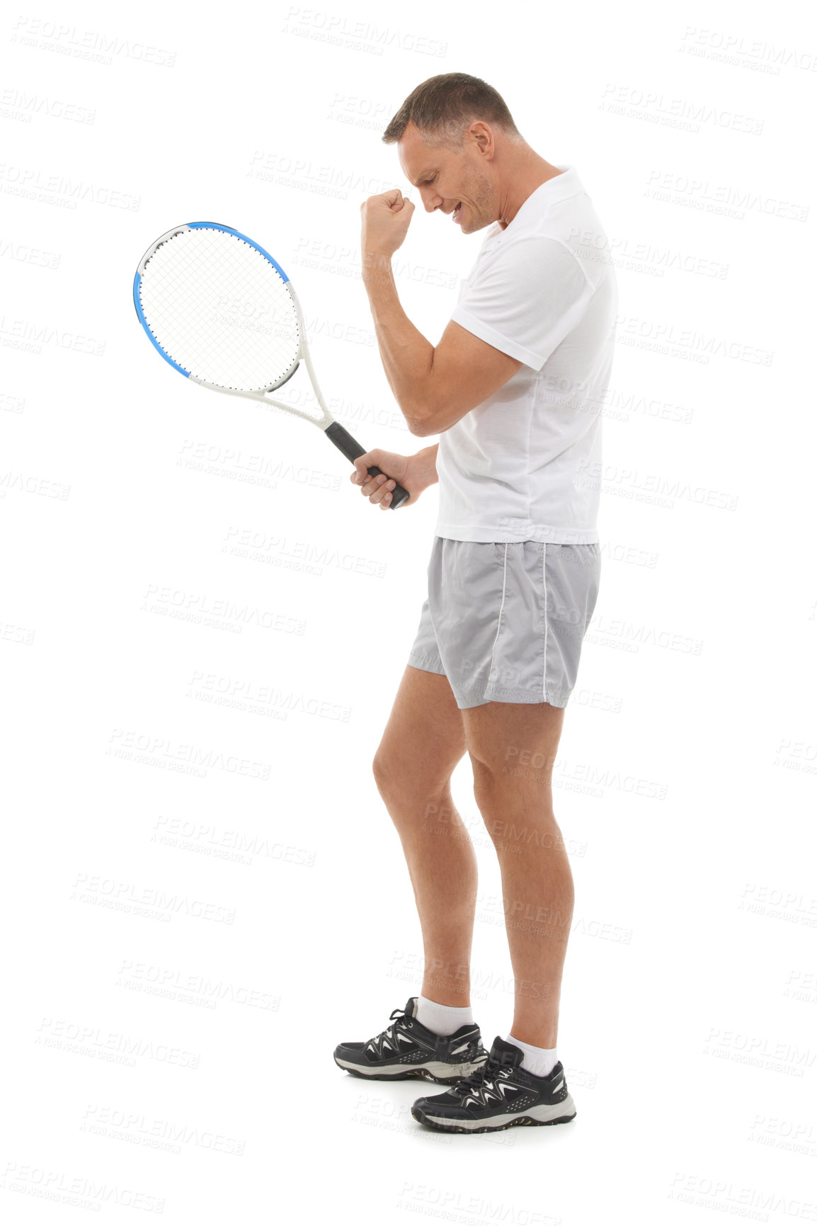 Buy stock photo Winner, tennis sports and celebration of man in studio isolated on white background for exercise. Winning, achievement or mature male athlete with racket celebrating goals, targets or success victory