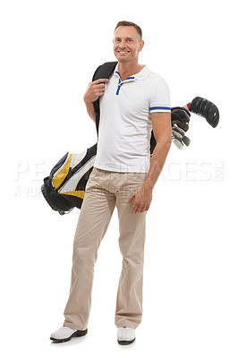 Buy stock photo Portrait, golf sports and man in studio isolated on white background ready to start game. Training, golfer and mature male athlete carrying tour bag with clubs for workout, exercise and fitness match