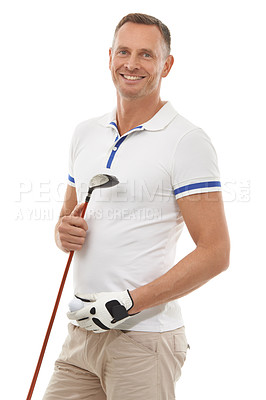 Buy stock photo Sports portrait, golf and man in studio isolated on white background ready to start game. Training, golfer and mature male athlete carrying ball and club driver for workout, exercise or fitness match