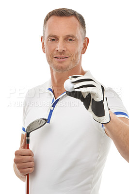 Buy stock photo Sports ball, golf and man in studio isolated on a white background ready to start game. Training, golfer and mature male athlete holding club driver for golfing workout, exercise and fitness match.