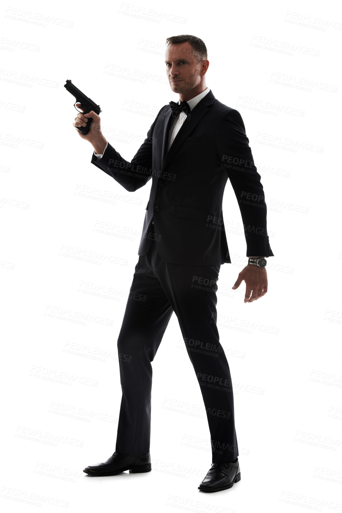 Buy stock photo Man in suit with gun isolated on a white background for secret service agent, security or criminal businessman. Private detective, professional law person or spy with shooting weapon in studio mockup