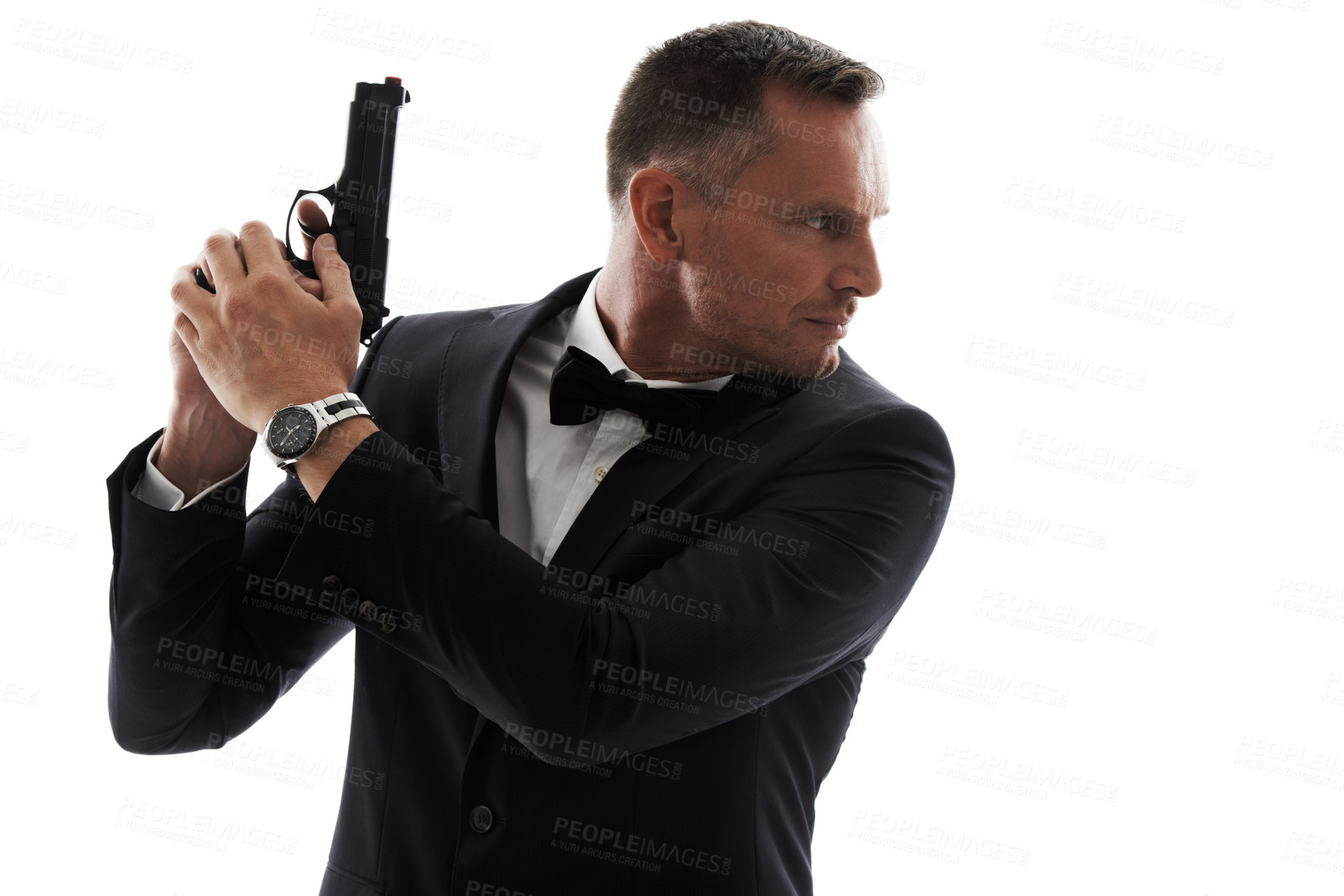 Buy stock photo Spy, gun and secret agent model with isolated, white background and mockup ready for action. Actor, weapon and tuxedo suit of a man looking mysterious with classy style and pistol for danger