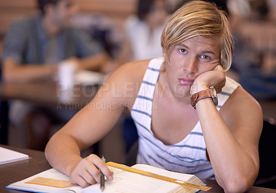 Buy stock photo University, bored and portrait of man in classroom with books for studying, learning and research. Education, college and face of student tired, sad and upset with textbooks for assignment or test