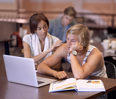 Buy stock photo Students, laptop and man overwhelmed with university study, team research or learning for exam. Anxiety, mental health and learner depressed over college workload, school project or education crisis