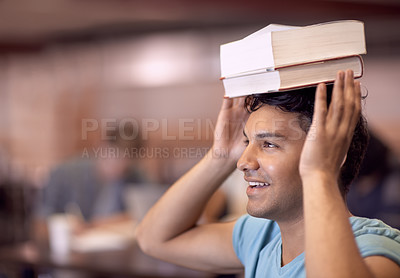 Buy stock photo University, head balance and man with books for academy development, knowledge or history education study. College, mockup space and school student learning literature, story or textbook information