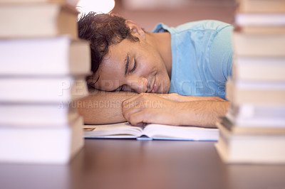Buy stock photo University books, education and tired man sleeping during academy study, research or knowledge learning. College, textbook and Indian student with fatigue, nap and exhausted after reading literature