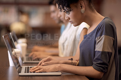Buy stock photo Laptop, typing and college woman reading online research, education and search school database for project. University campus, internet and students learning knowledge, information and check report