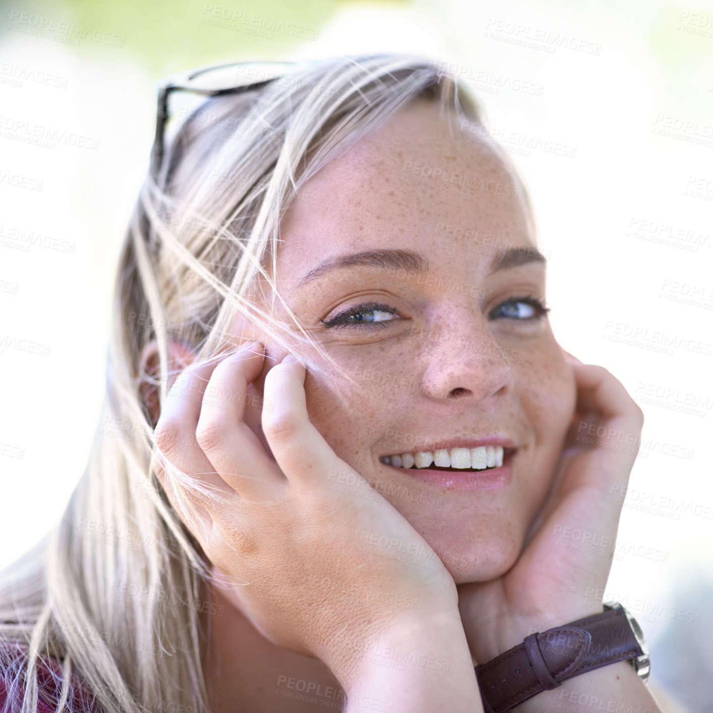 Buy stock photo Portrait, smile and beauty of woman outdoor, touch skin and   facial expression in summer. Happy, face and hands of blonde female person, natural and confident young girl in nature in Switzerland