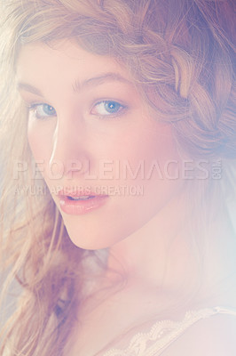 Buy stock photo Portrait of a pretty model with a plait in her hair